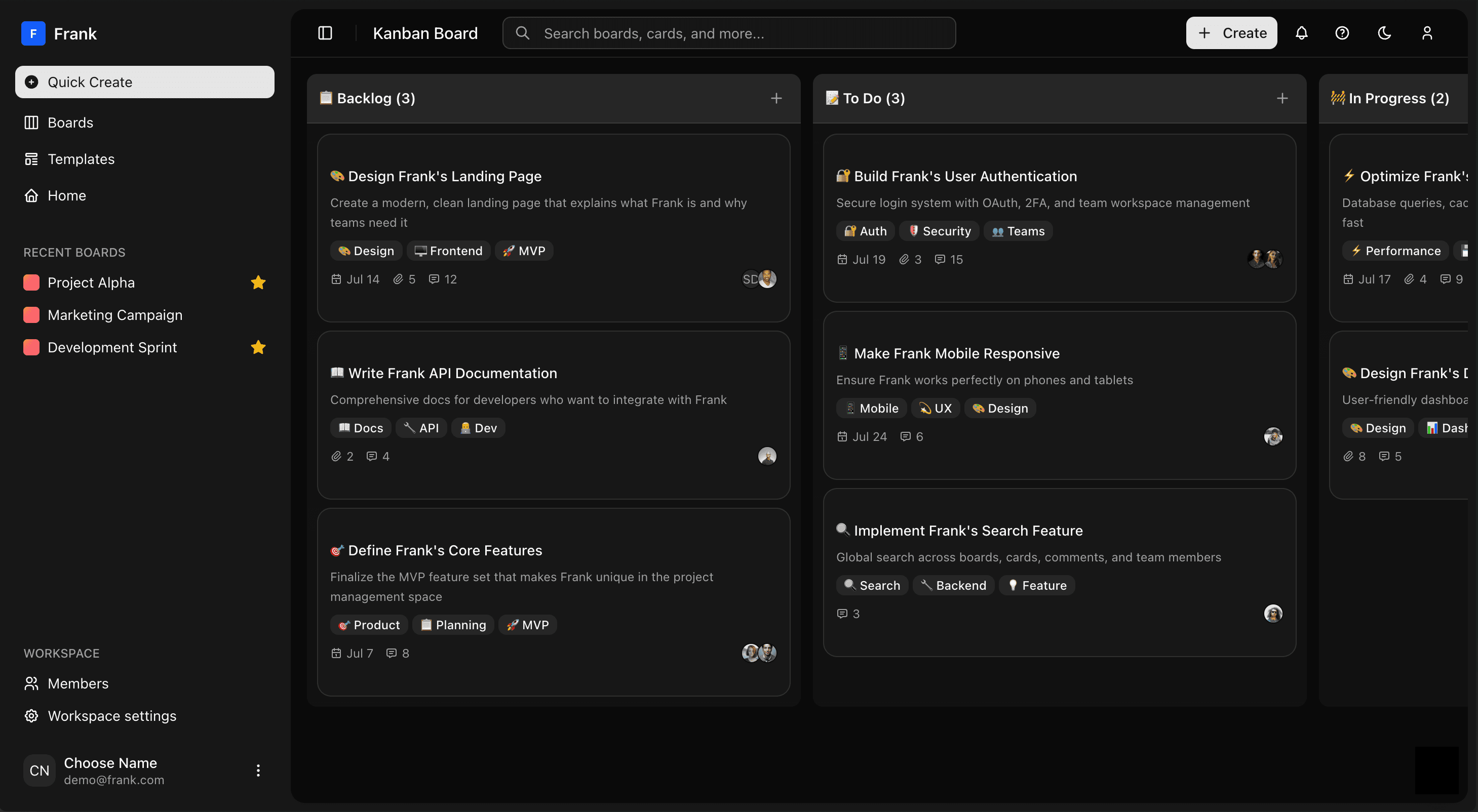 Frank Project Management Interface - Dark Mode