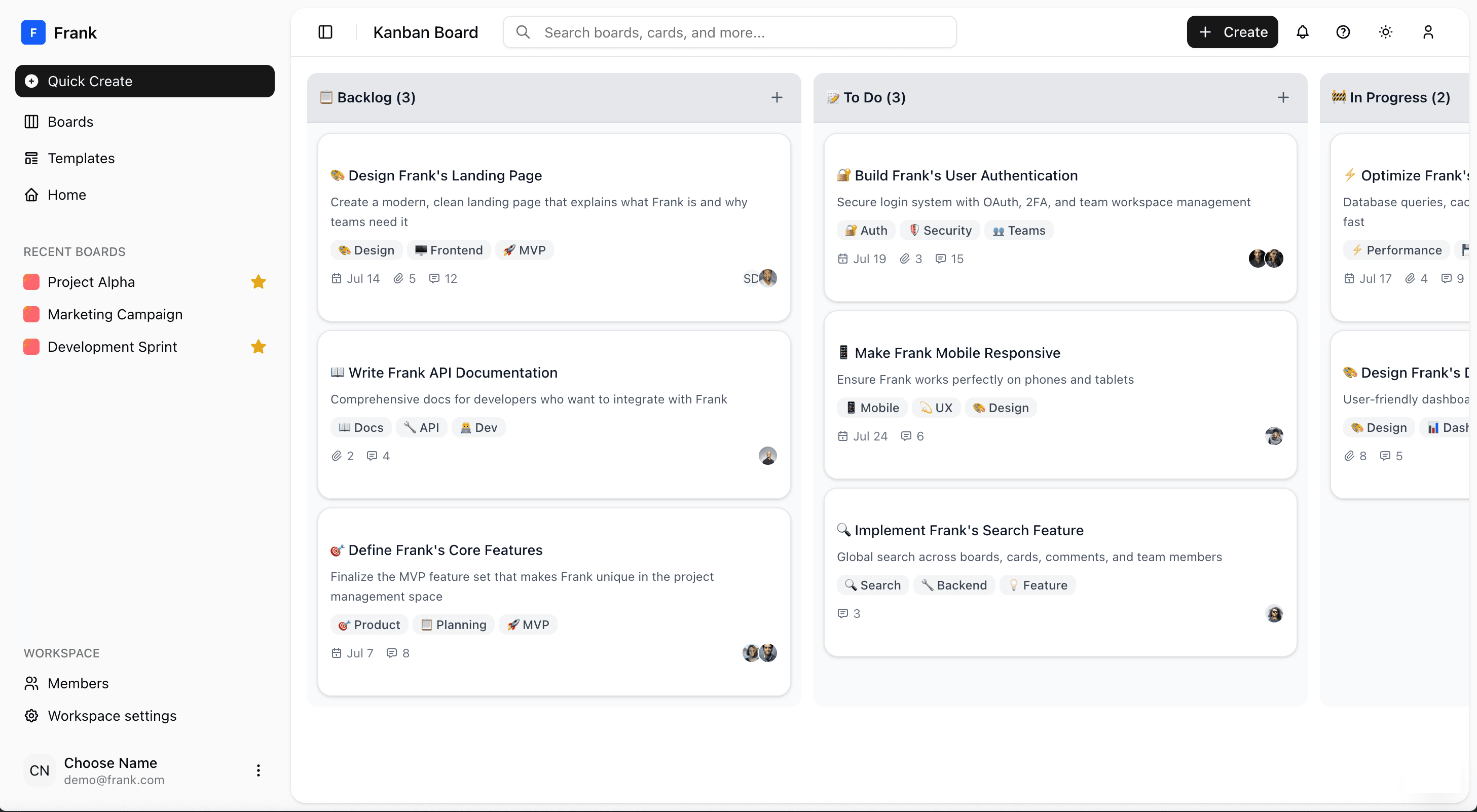 Frank Project Management Interface - Light Mode
